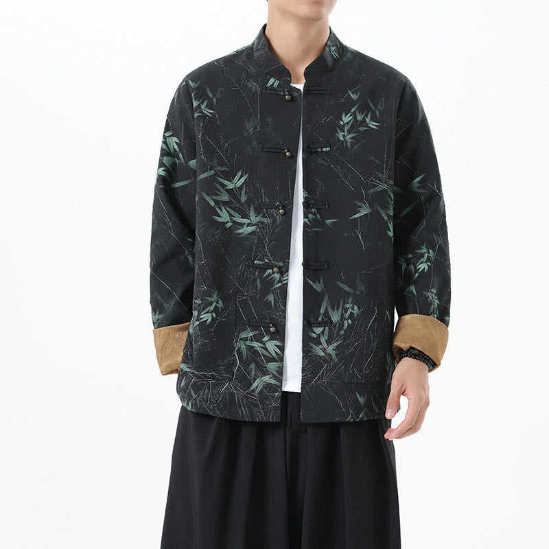 Buddha Stones Printing Bamboo Casual Frog-button Spandex Men's Jacket Shirt Clothing - Black - US/UK/AU46，EU56 (5XL) - image 0