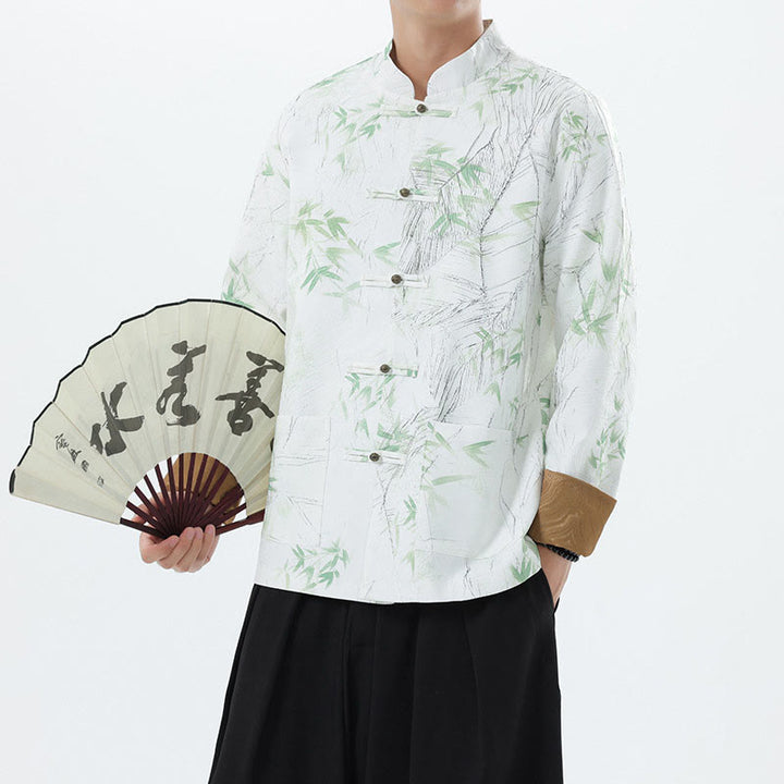 Buddha Stones Printing Bamboo Casual Frog-button Spandex Men's Jacket Shirt Clothing - image 19