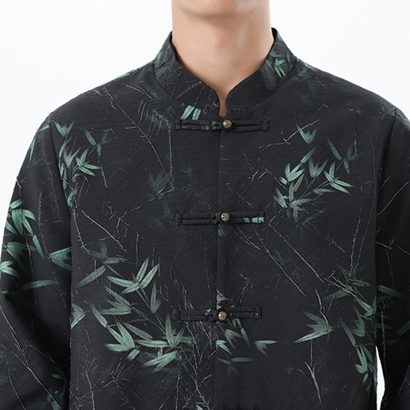 Buddha Stones Printing Bamboo Casual Frog-button Spandex Men's Jacket Shirt Clothing - image 9