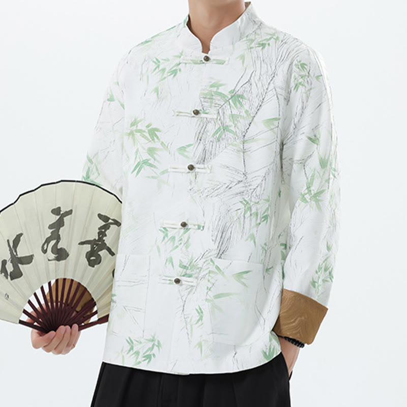Buddha Stones Printing Bamboo Casual Frog-button Spandex Men's Jacket Shirt Clothing - image 18