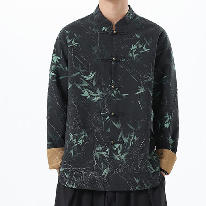 Buddha Stones Printing Bamboo Casual Frog-button Spandex Men's Jacket Shirt Clothing - image 5