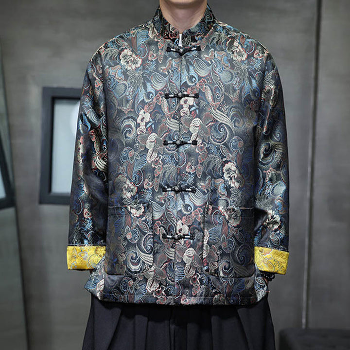 Buddha Stones Frog-Button Chinese Tang Suit Stand Collar Long Shirt Men Jacket Clothing - RoyalBlue - US/UK/AU46，EU56 (5XL) - image 0