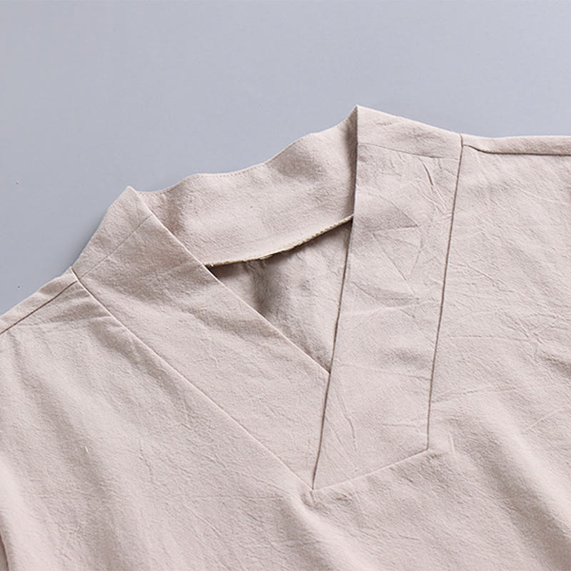 Buddha Stones Loose Men's T-Shirt Solid Color Top Short Sleeve V Collar Breathable Linen Shirt - image 6