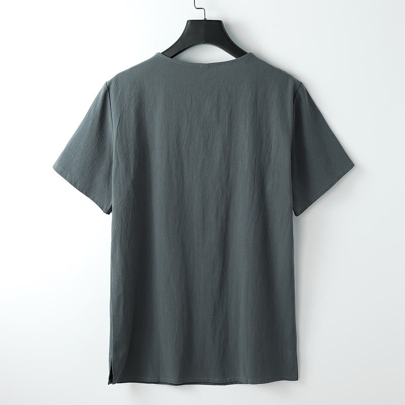 Buddha Stones Men's T-Shirt Solid Color Top Short Sleeve Three-button V Collar Soft Cotton Shirt - image 1