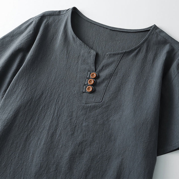Buddha Stones Men's T-Shirt Solid Color Top Short Sleeve Three-button V Collar Soft Shirt - image 2