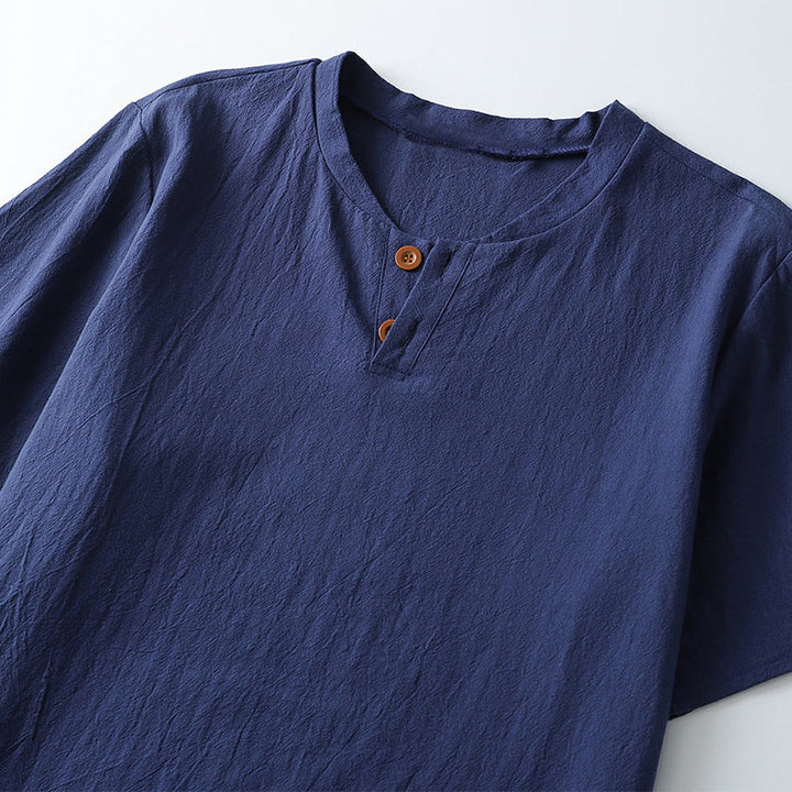 Buddha Stones Loose Men's T-shirt Solid Color Top Short Sleeve Button Notched Neck Soft Shirt - image 4