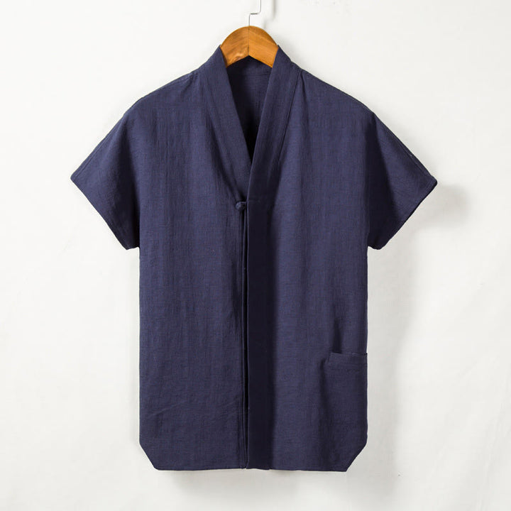 Buddha Stones Men's Short Sleeve Shirt With Pocket V Neck Comfort Cotton Linen Shirt - Navy - US/UK/AU44，EU54 (4XL) - image 6