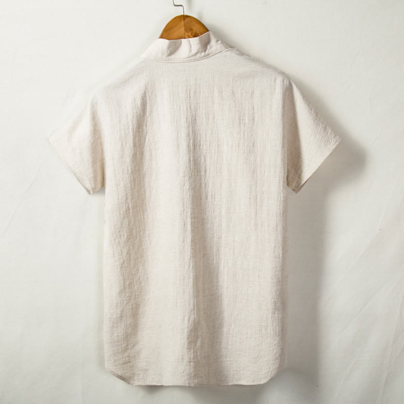 Buddha Stones Men's Short Sleeve Shirt With Pocket V Neck Cardigan Comfort Cotton Linen Shirt - image 1