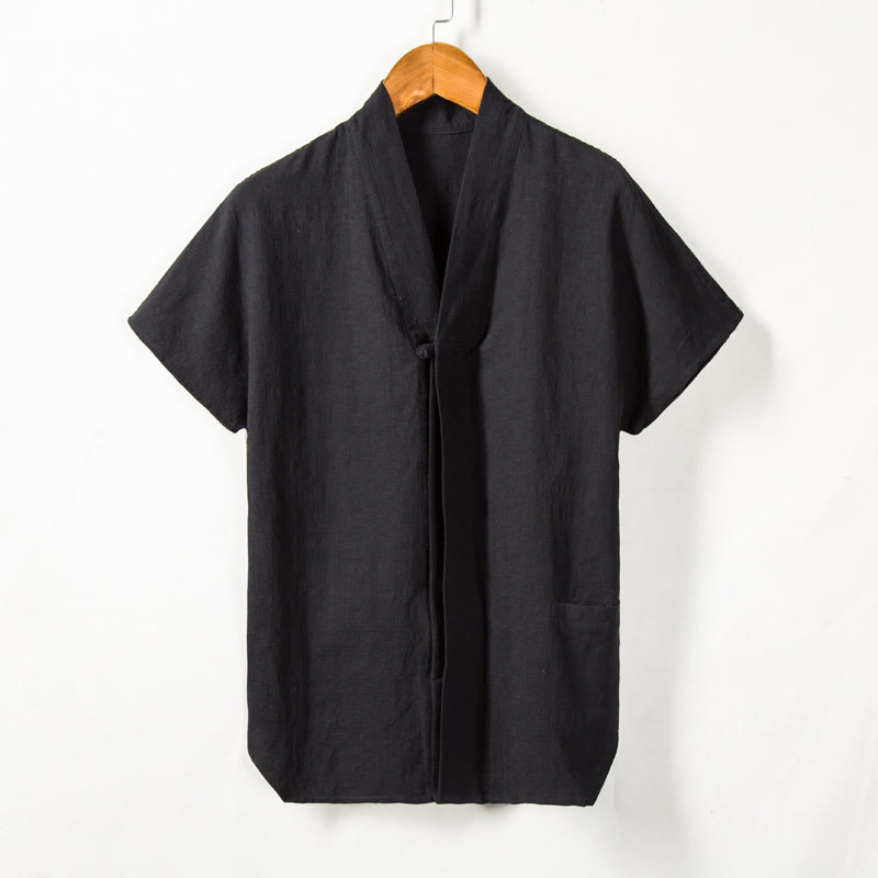 Buddha Stones Men's Short Sleeve Shirt With Pocket V Neck Cardigan Comfort Cotton Linen Shirt - Black - US/UK/AU44，EU54 (4XL) - image 4