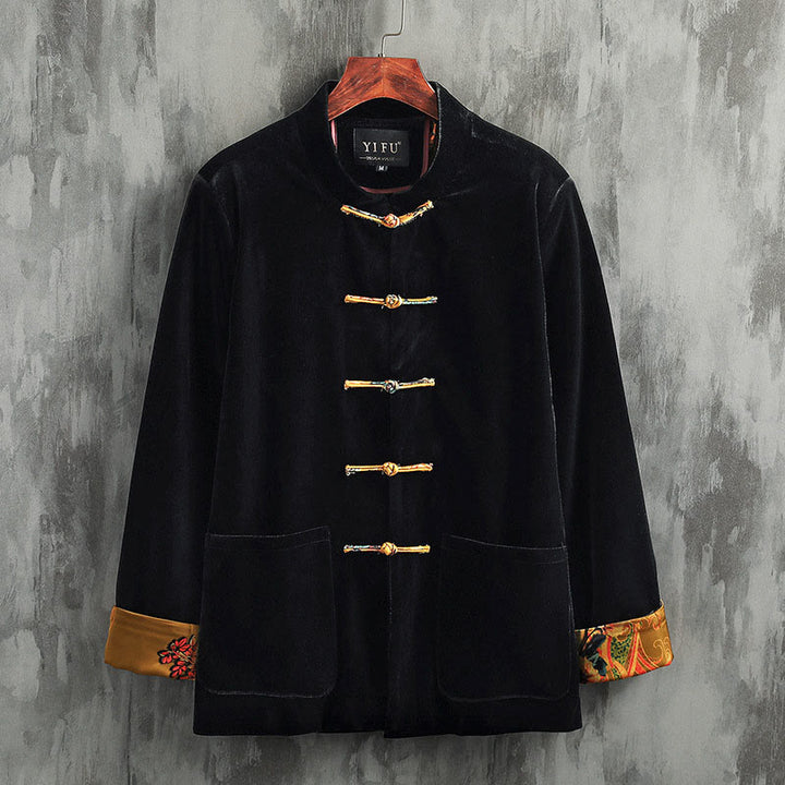 Buddha Stones Tang Suit Frog-button Round Neck Cotton Men's Jacket Shirt Clothing - Yellow Button - US/UK/AU42，EU52 (3XL) - image 0