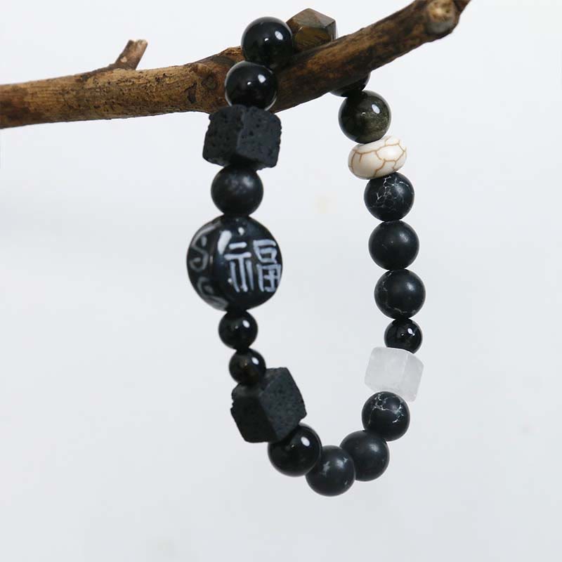 Buddha Stones Black Onyx Ceramics Agate Black Glitter Stone Fortune Fu Character Bracelet - image 10