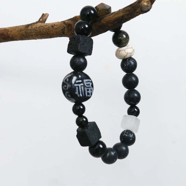 Buddha Stones Black Onyx Ceramics Agate Black Glitter Stone Fortune Fu Character Bracelet - image 10