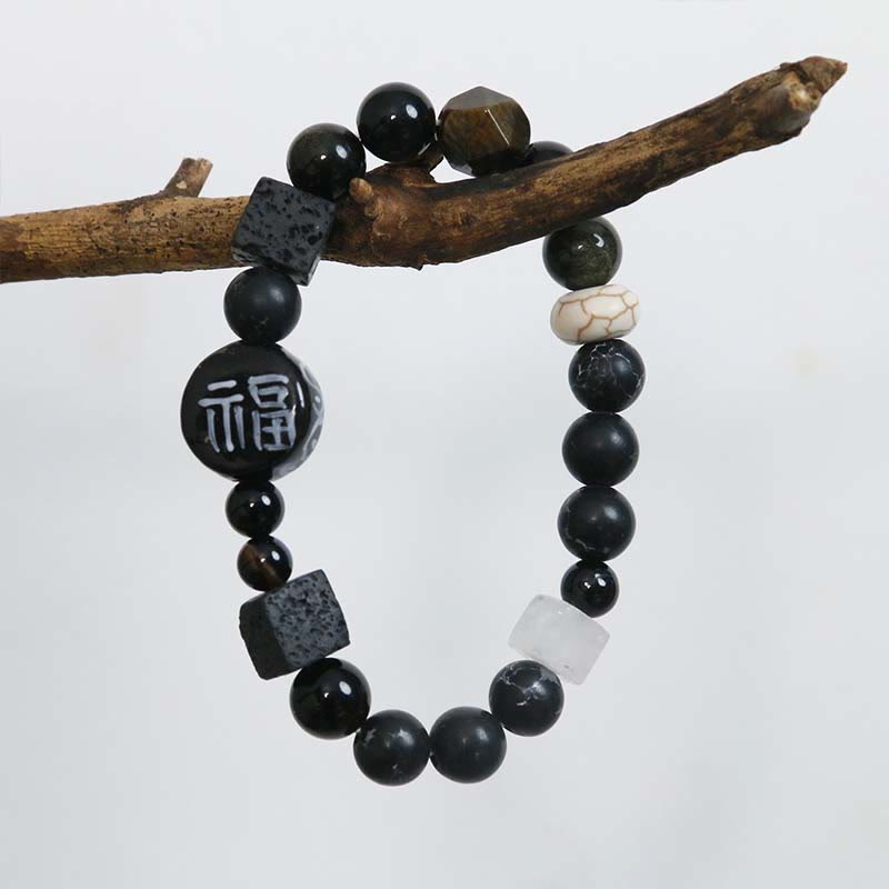 Buddha Stones Black Onyx Ceramics Agate Black Glitter Stone Fortune Fu Character Bracelet - image 11