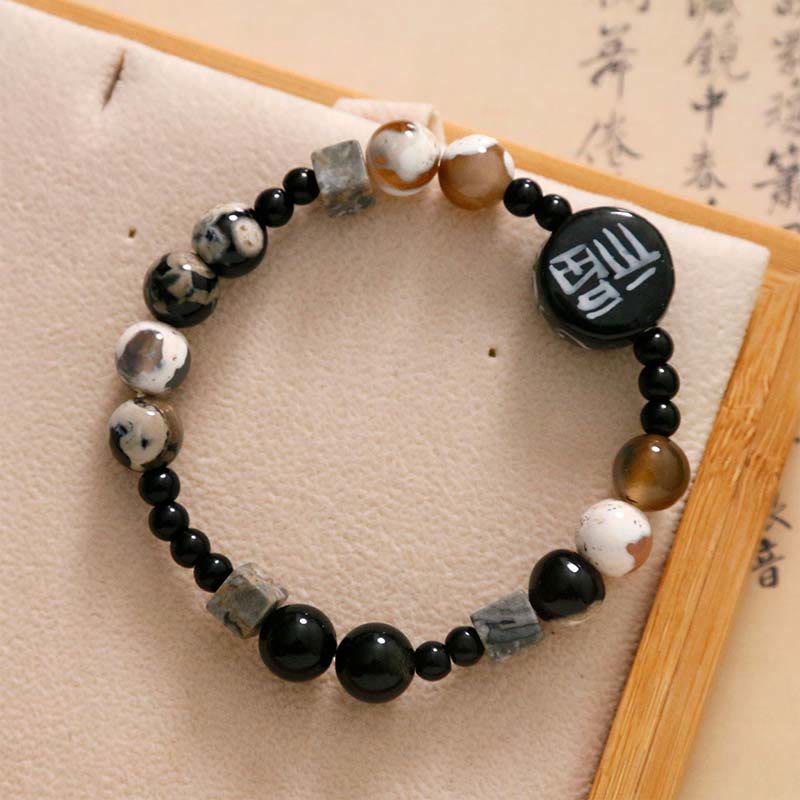 Buddha Stones Black Onyx Ceramics Agate Black Glitter Stone Fortune Fu Character Bracelet - image 1