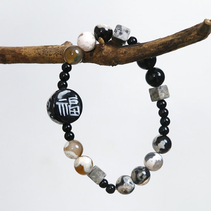 Buddha Stones Black Onyx Ceramics Agate Black Glitter Stone Fortune Fu Character Bracelet - image 3