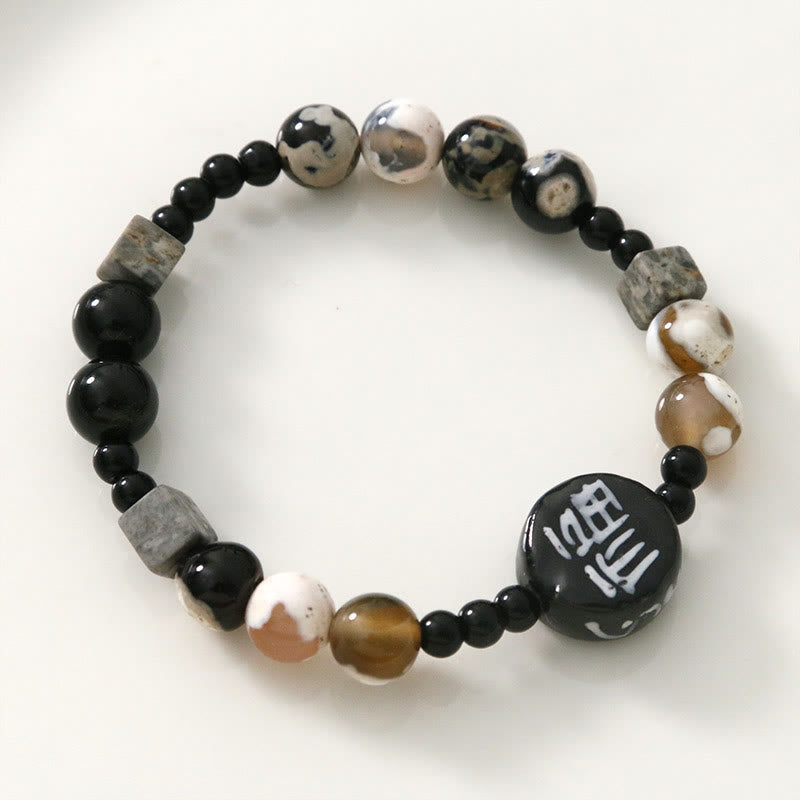 Buddha Stones Black Onyx Ceramics Agate Black Glitter Stone Fortune Fu Character Bracelet - image 2
