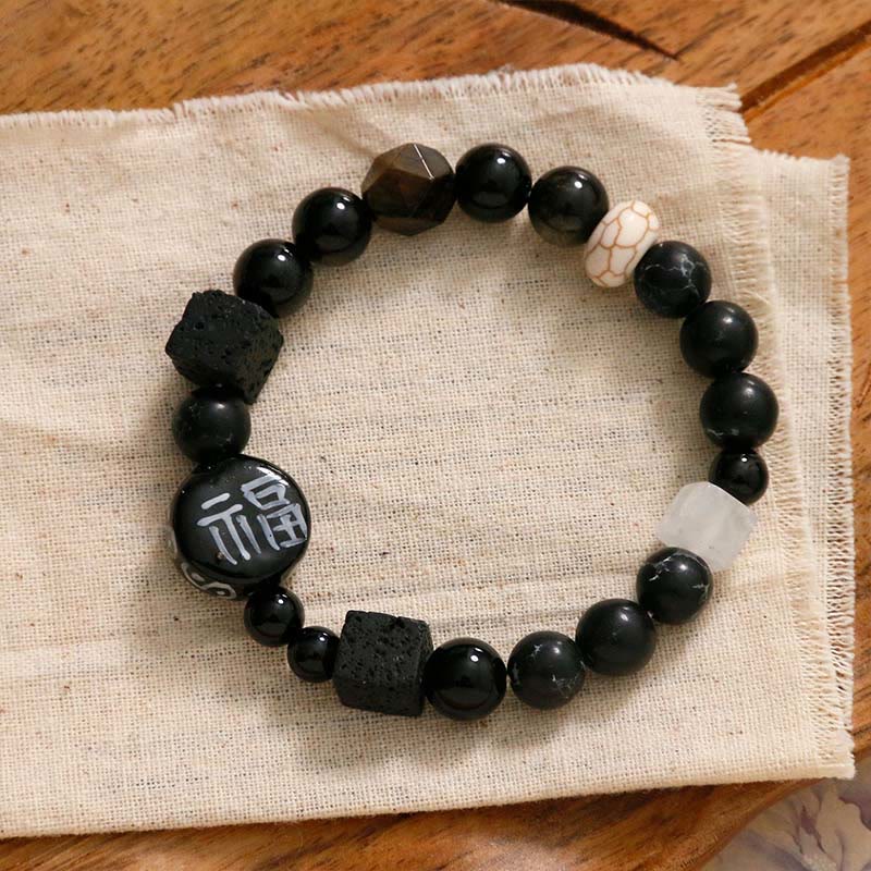 Buddha Stones Black Onyx Ceramics Agate Black Glitter Stone Fortune Fu Character Bracelet - Black Onyx - image 8