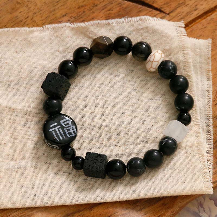 Buddha Stones Black Onyx Ceramics Agate Black Glitter Stone Fortune Fu Character Bracelet - Black Onyx - image 8