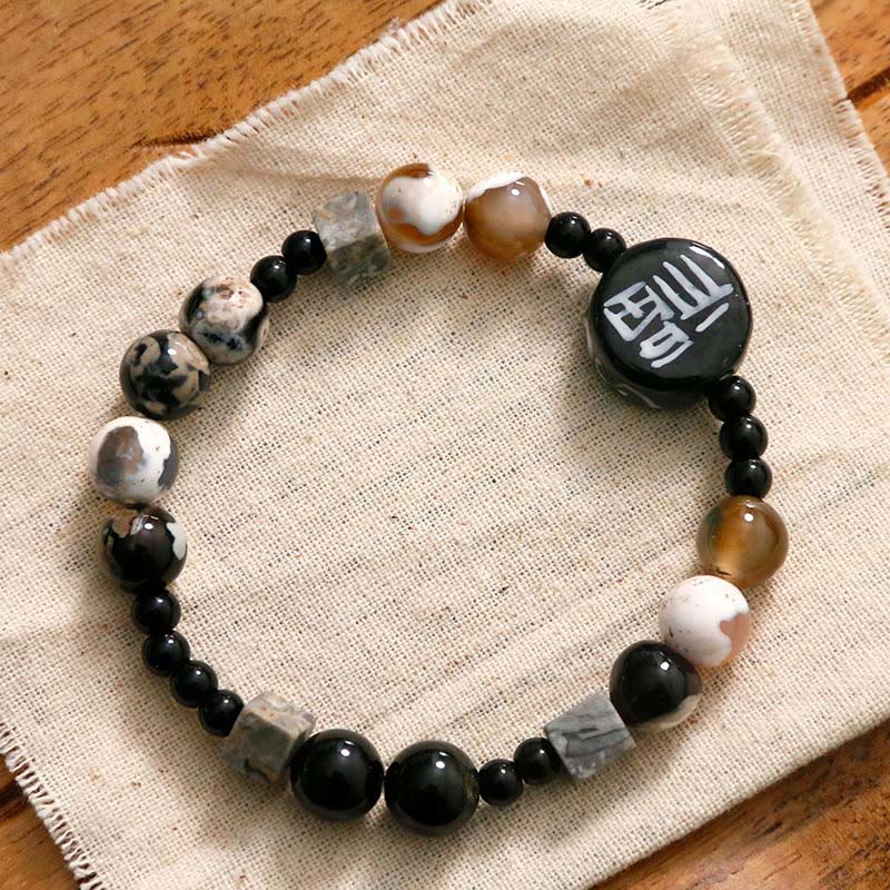 Buddha Stones Black Onyx Ceramics Agate Black Glitter Stone Fortune Fu Character Bracelet - Black Onyx&Black Glitter Stone - image 0