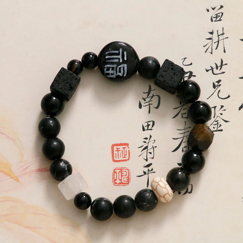 Buddha Stones Black Onyx Ceramics Agate Black Glitter Stone Fortune Fu Character Bracelet - image 9