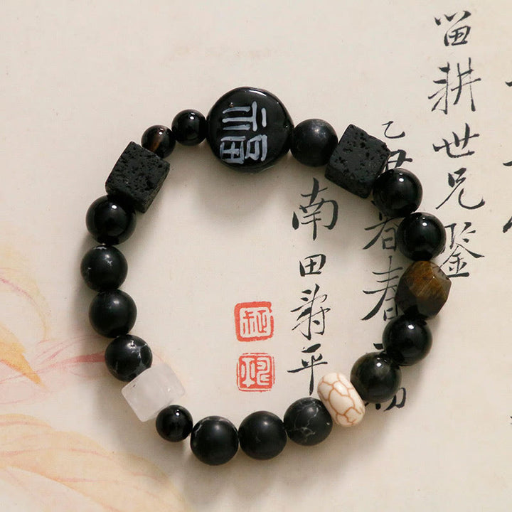 Buddha Stones Black Onyx Ceramics Agate Black Glitter Stone Fortune Fu Character Bracelet - image 9