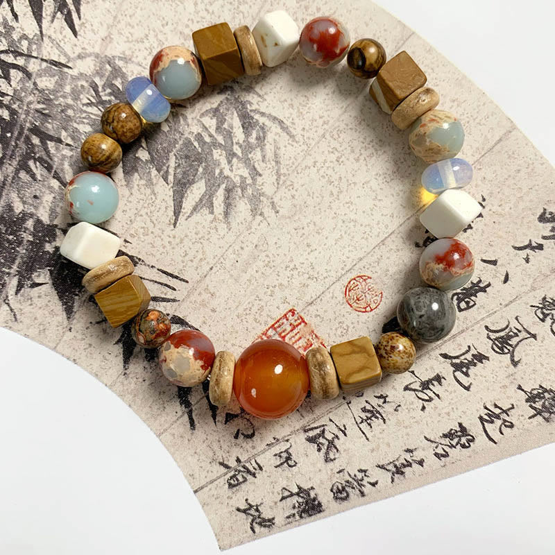 Buddha Stones Red Agate Shoushan Stone White Turquoise Calm Blessing Bracelet - Square bead shape - image 0