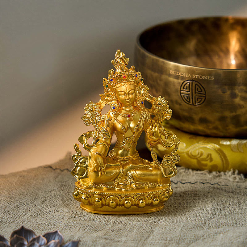 Buddha Stones Bodhisattva White Tara Hope Protection Gold Plated Statue Decoration - image 1