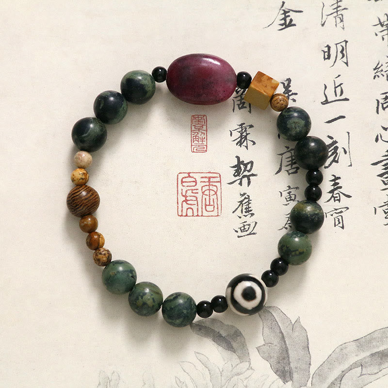 Buddha Stones Green Agate Three-eyed Dzi Bead Power Success Bracelet - Green Agate&Three-eyed Dzi Bead（Wrist Circumference: 17cm） - image 0