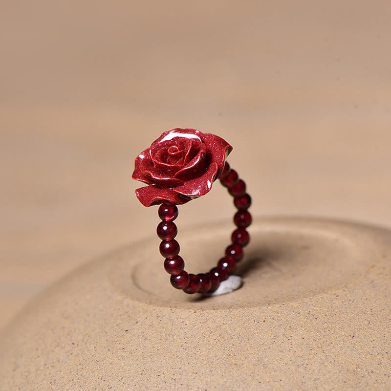 Buddha Stones Cinnabar Rose Garnet Beads Concentration Ring - Cinnabar Rose(Ring Circumference: 50mm-Elastic Rope) - image 0
