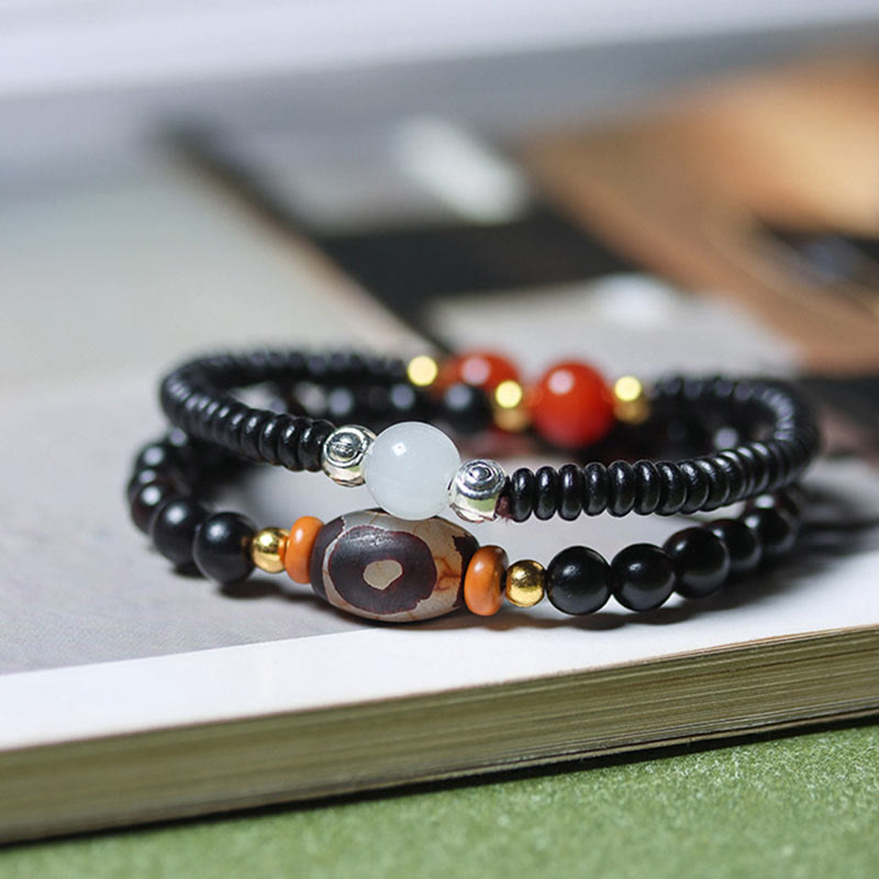 Buddha Stones Ebony Sandalwood Green Sandalwood Dzi Bead Balance Calm Double Wrap Bracelet - 8mm - Ebony Wood - image 0