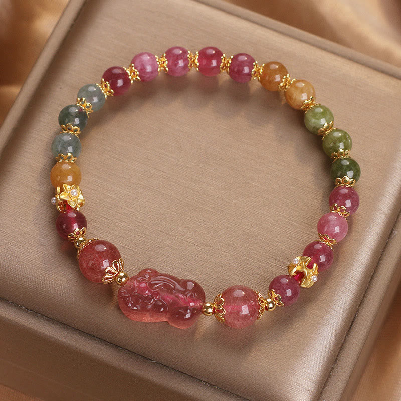 Buddha Stones Tourmaline Strawberry Quartz Pink Crystal PIXIU Love Bracelet - Tourmaline Strawberry Quartz(Wrist Circumference: 14-16cm) - image 0