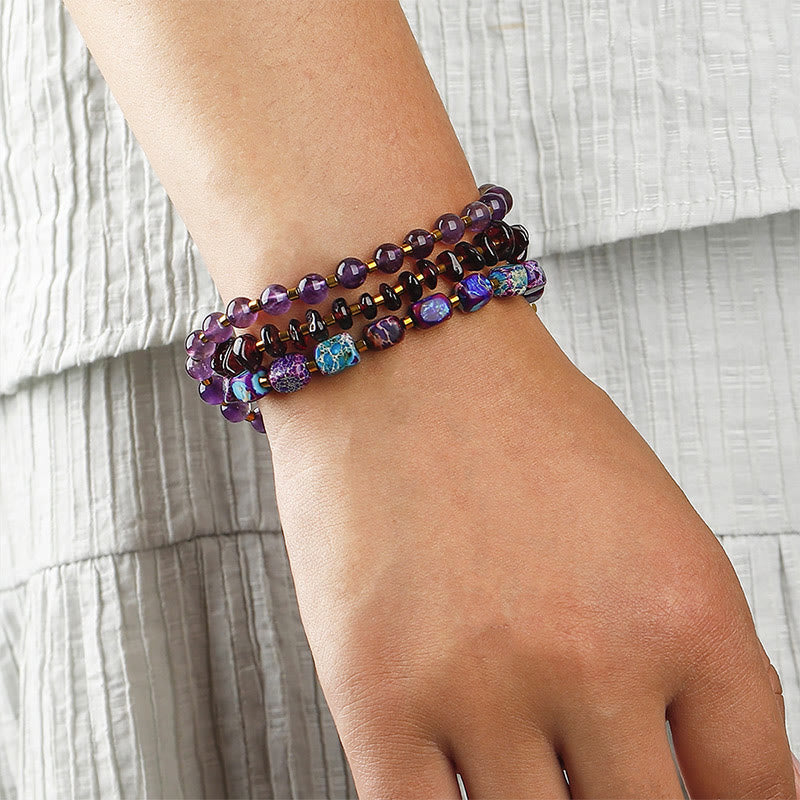 Buddha Stones Amethyst Garnet Emperor Stone Communication Triple Wrap Bracelet - image 3