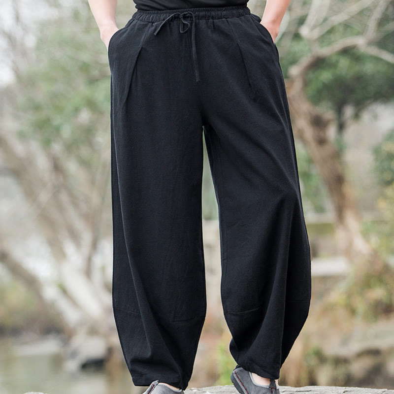 Buddha Stones Plain Casual Cotton Bloomer Men's Pants With Pockets - Black - US/UK/AU44，EU54 (5XL) - image 0