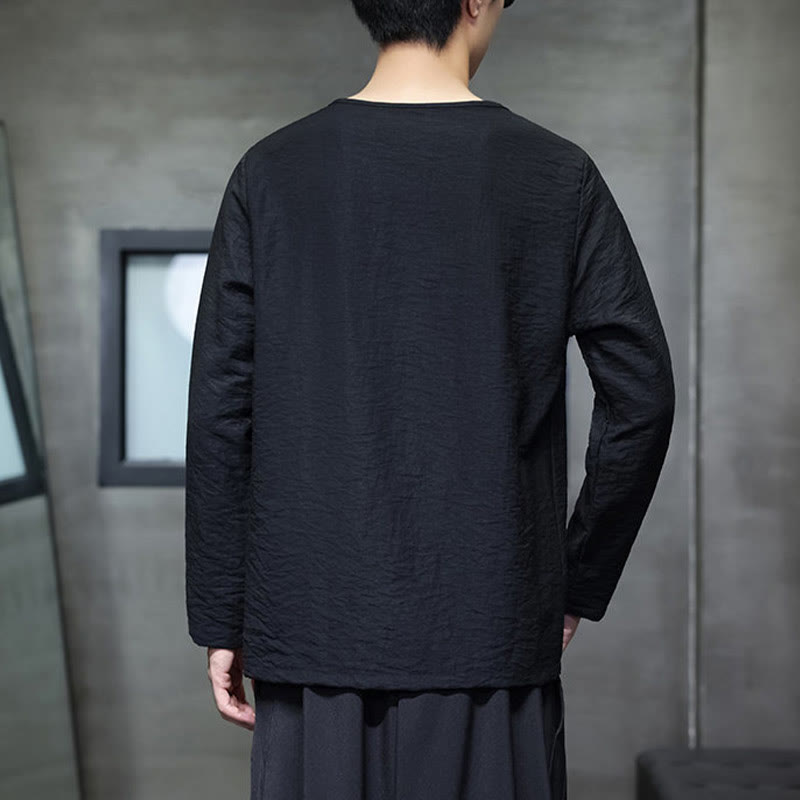 Buddha Stones Solid Color Loose Long Sleeve Round Neck Cotton Men's Shirts - image 26