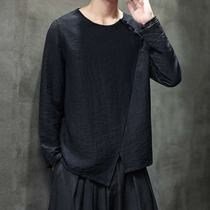 Buddha Stones Solid Color Loose Long Sleeve Round Neck Cotton Men's Shirts - image 32