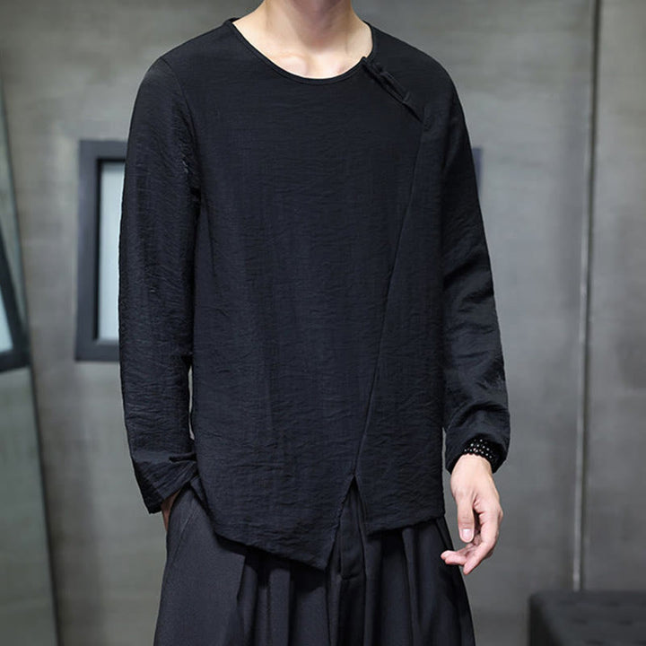 Buddha Stones Solid Color Loose Long Sleeve Round Neck Men's Shirts - image 25