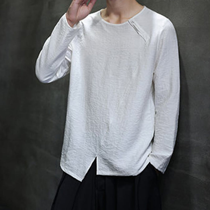 Buddha Stones Solid Color Loose Long Sleeve Round Neck Cotton Men's Shirts - image 10
