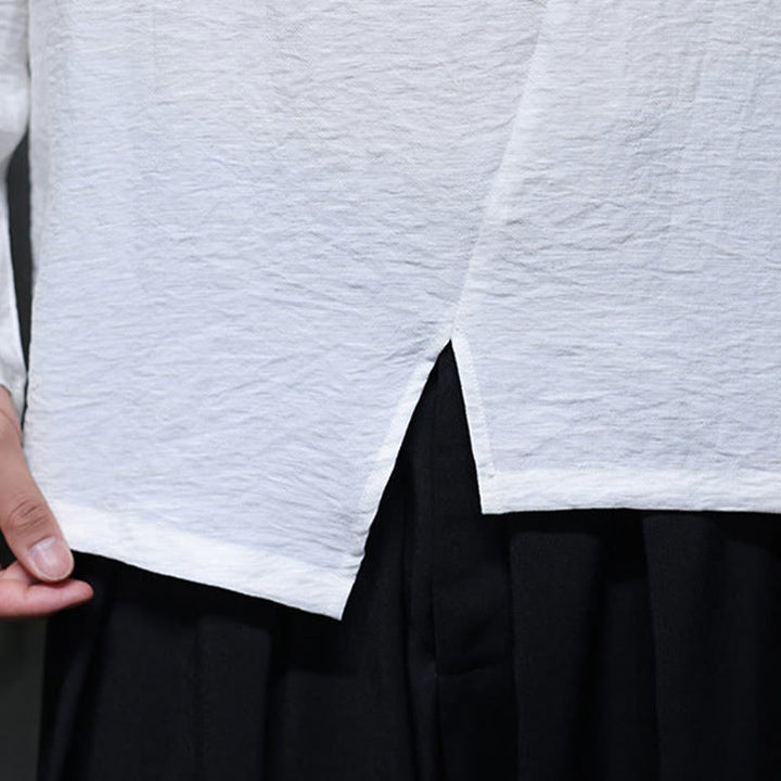 Buddha Stones Solid Color Loose Long Sleeve Round Neck Cotton Men's Shirts - image 14