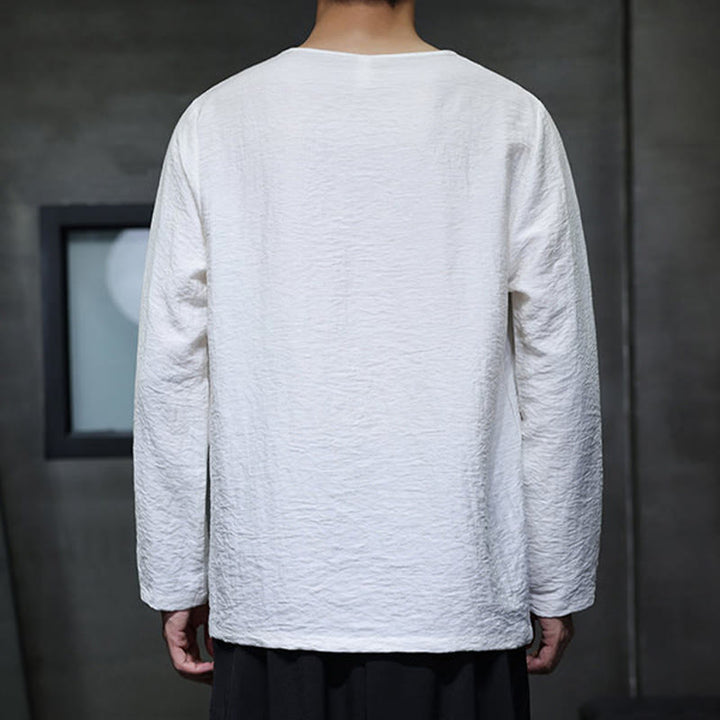 Buddha Stones Solid Color Loose Long Sleeve Round Neck Cotton Men's Shirts - image 2