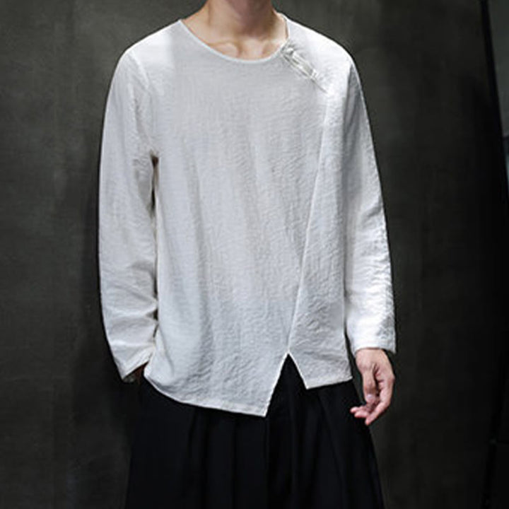 Buddha Stones Solid Color Loose Long Sleeve Round Neck Cotton Men's Shirts - image 8