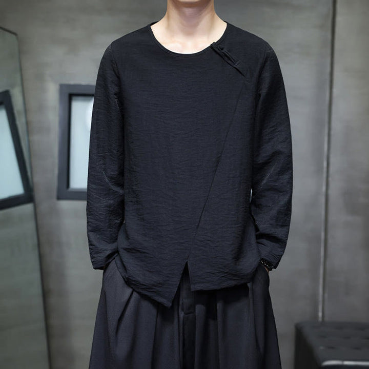 Buddha Stones Solid Color Loose Long Sleeve Round Neck Cotton Men's Shirts - Black - US/UK/AU46，EU56 (5XL) - image 24