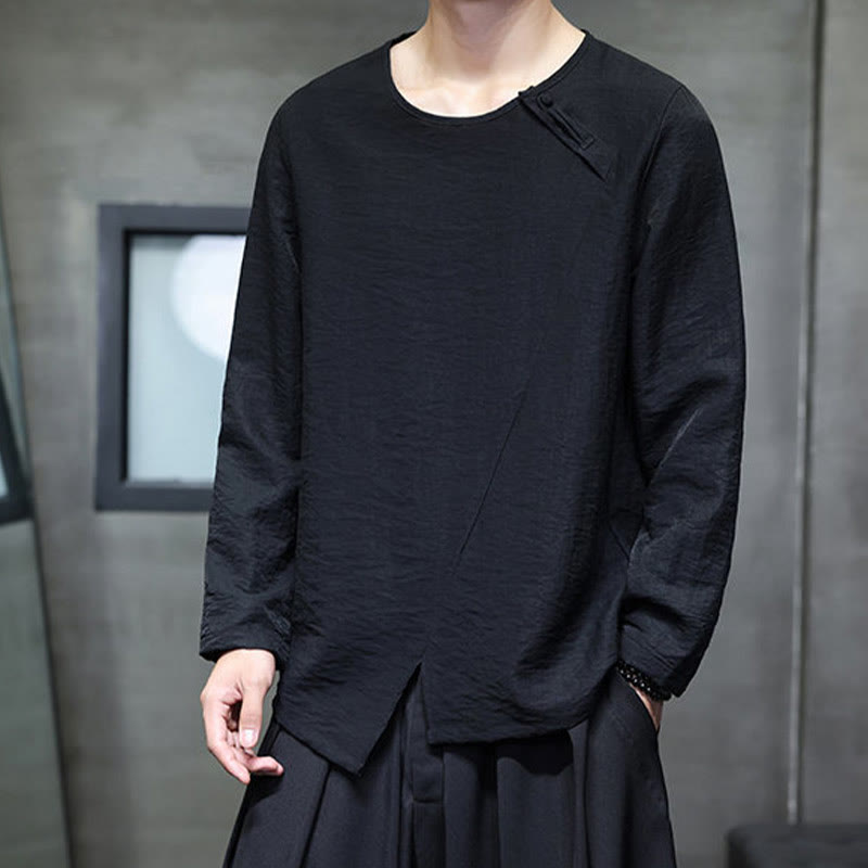 Buddha Stones Solid Color Loose Long Sleeve Round Neck Cotton Men's Shirts - image 29