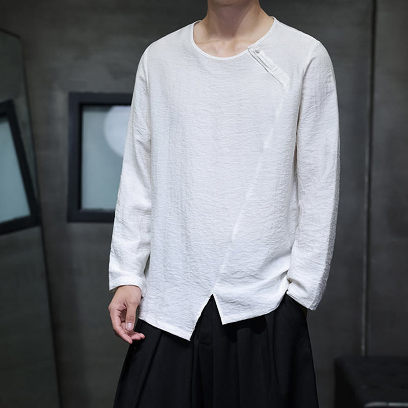 Buddha Stones Solid Color Loose Long Sleeve Round Neck Cotton Men's Shirts - image 1