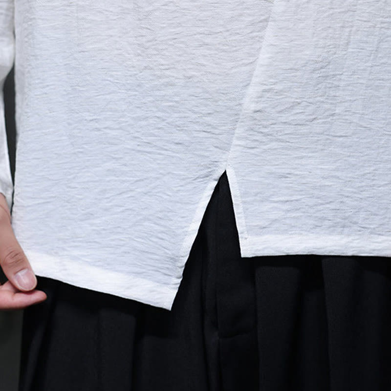 Buddha Stones Solid Color Loose Long Sleeve Round Neck Cotton Men's Shirts - image 14