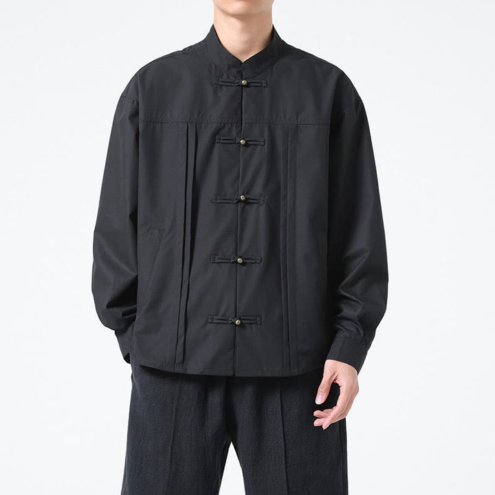 Buddha Stones Stand Collar Button Spandex Men's Shirts - Black - US/UK/AU46，EU56 (5XL) - image 0