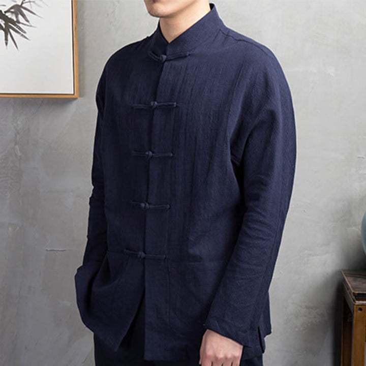 Buddha Stones Solid Color Casual Frog-button Men's Shirt Clothing - image 10
