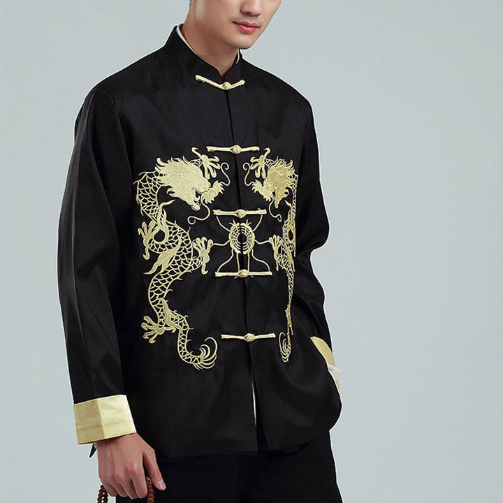 Buddha Stones Embroider Dragon Turned Sleeves Casual Frog-button Polyester Fiber Men's Jacket Shirt Pants Clothing - image 11