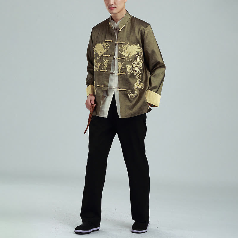 Buddha Stones Embroider Dragon Turned Sleeves Casual Frog-button Polyester Fiber Men's Jacket Shirt Pants Clothing - image 20
