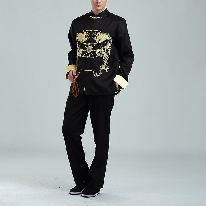 Buddha Stones Embroider Dragon Turned Sleeves Casual Frog-button Polyester Fiber Men's Jacket Shirt Pants Clothing - image 13