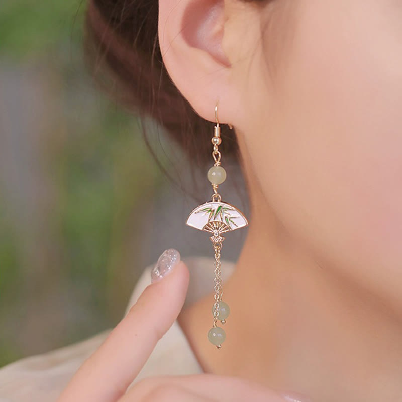 Buddha Stones 14K Gold Filled Copper Jade Fan Bamboo Abundance Earrings - image 2